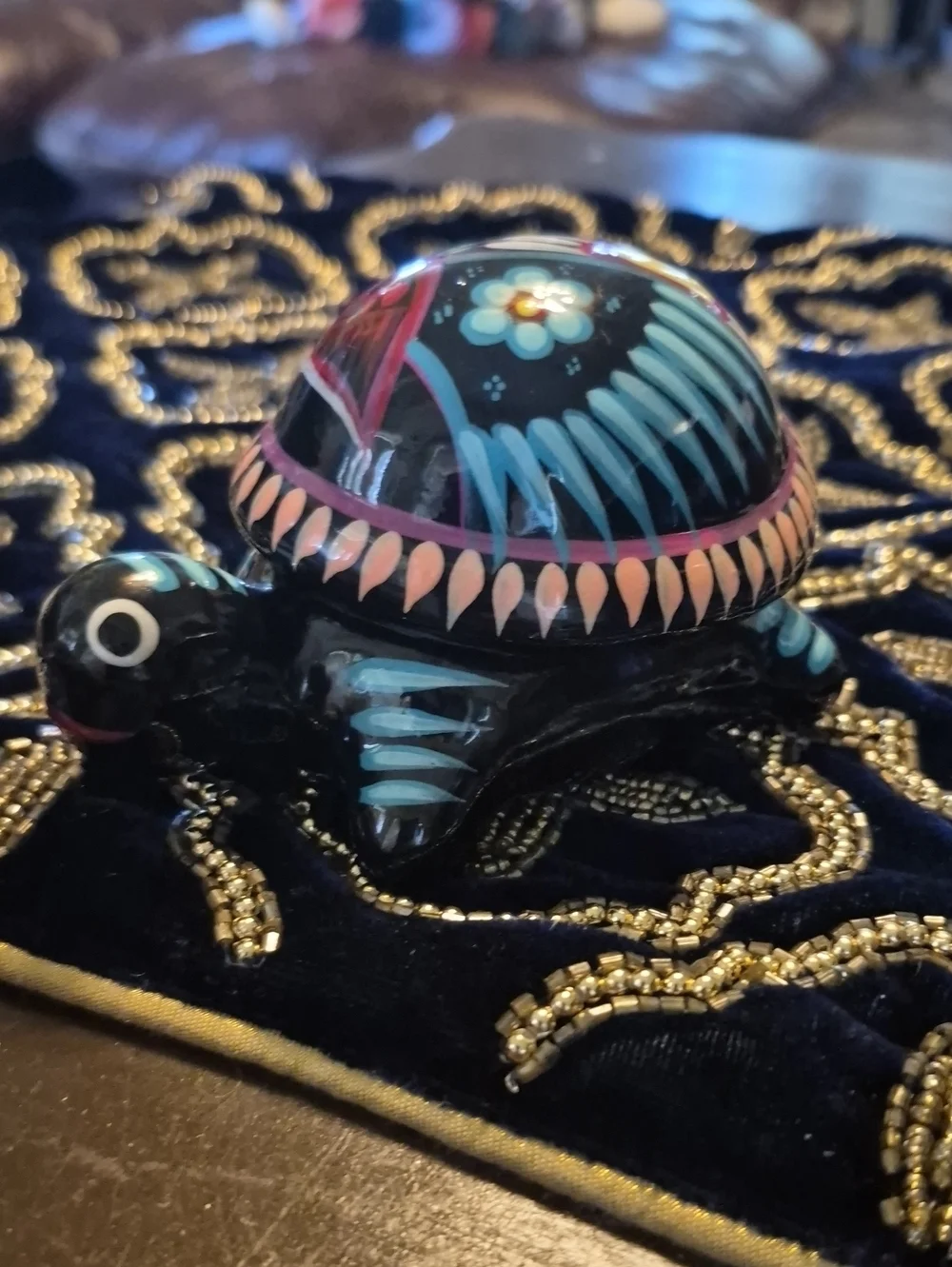 Minature Colorful Turtle Trinket Box.TalaVera From Mexico Flowers And Bird Motif